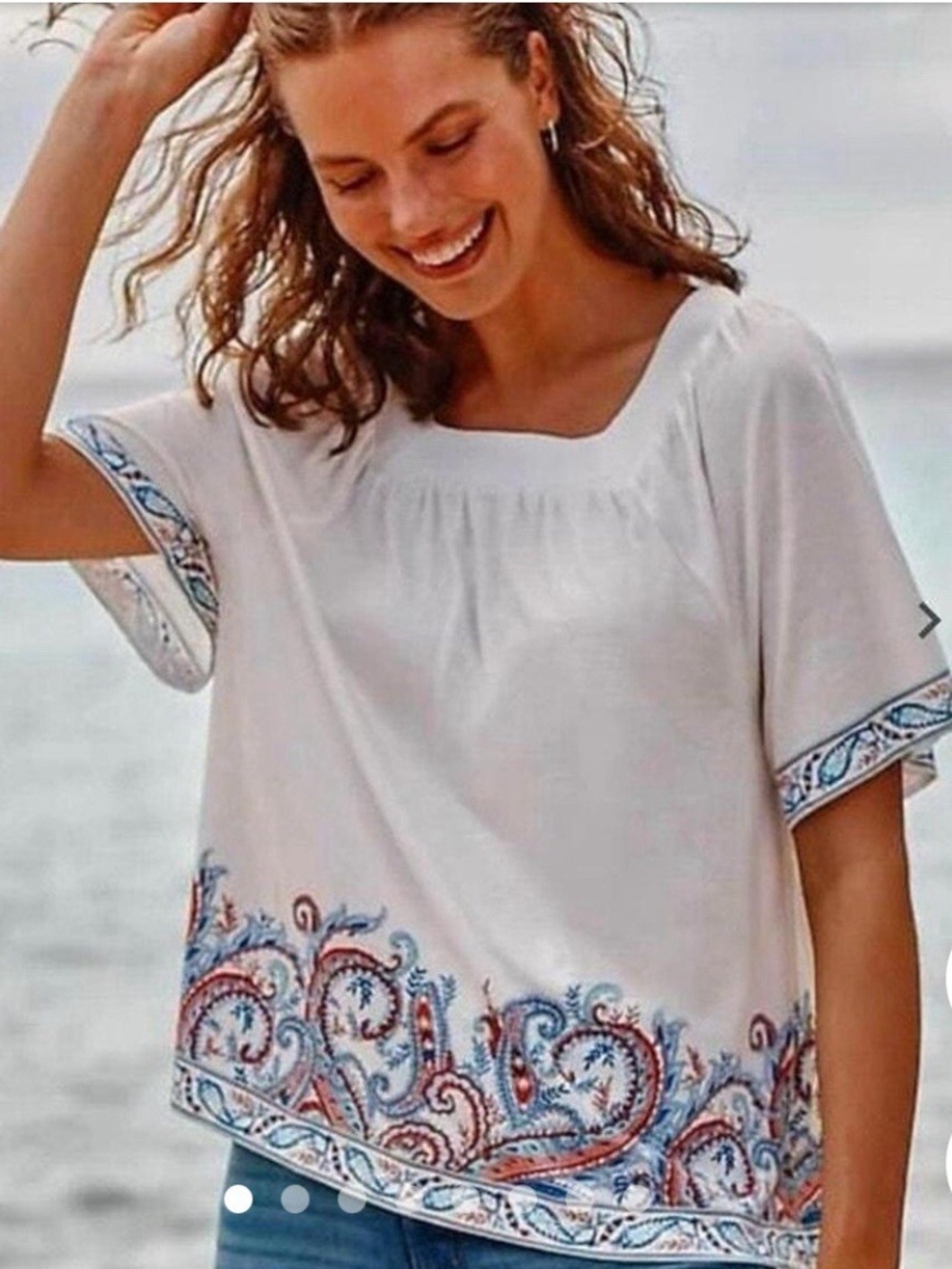 J. Jill Square Neck Boho Paisley Border Flutter Sleeve Top Sz L